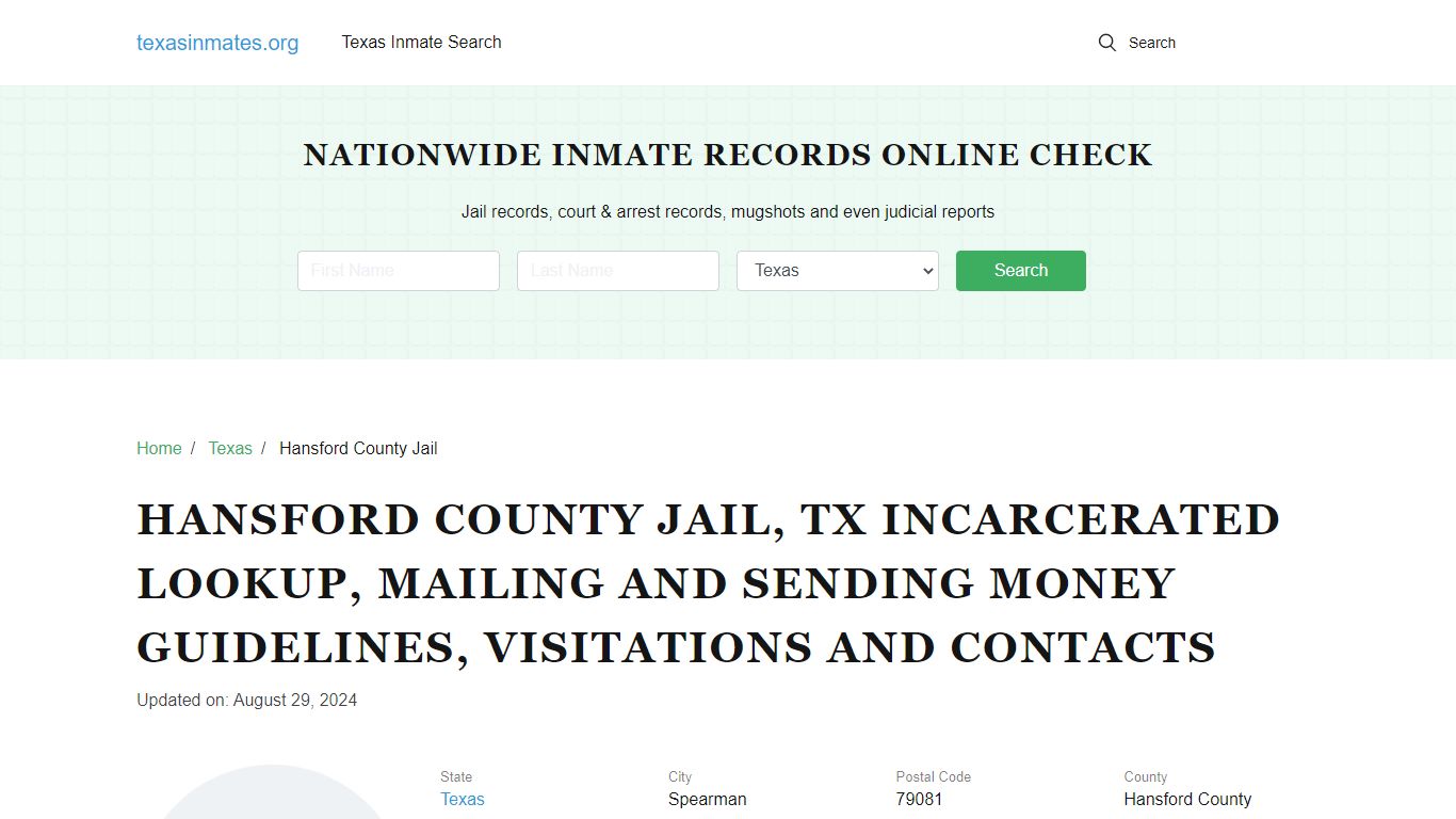 Hansford County Jail, TX: Inmate Search, Visitations, Contacts