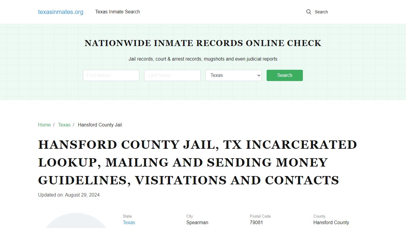 Hansford County Jail, TX: Inmate Search, Visitations, Contacts
